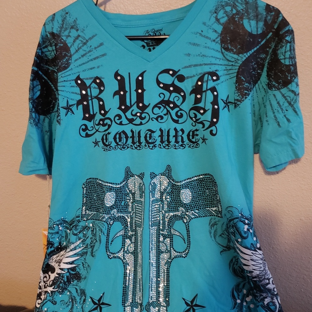 Rush Couture rhinestone graphic v-neck